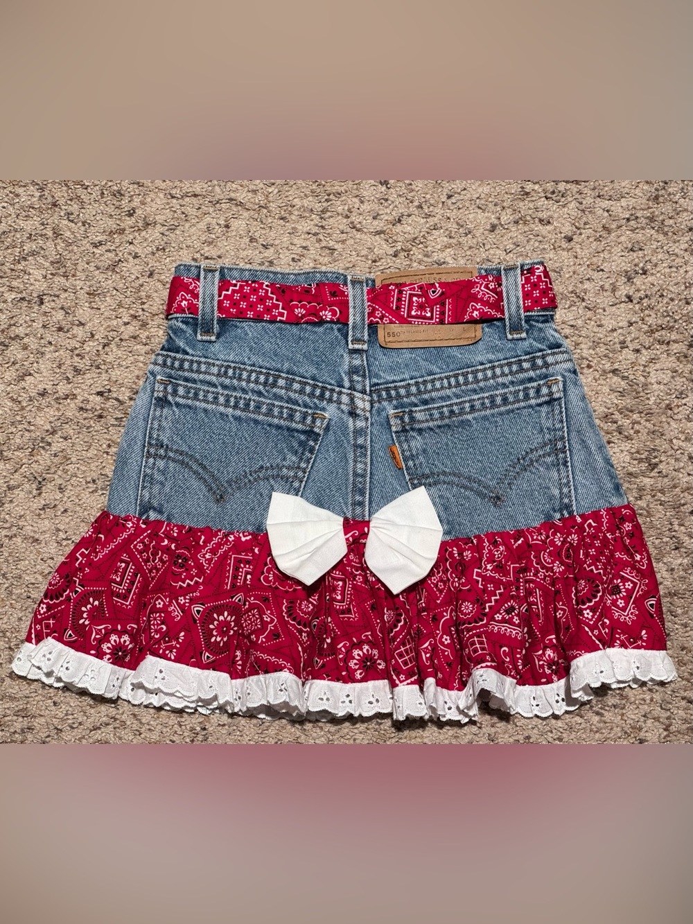 Levi’s | Kids Custom Vintage Denim Mini Skirt with Red Bandana Ruffle - Picture 3 of 5